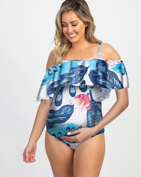 Angel Croshet Floral Ruffles Maternity One Piece Swimsuit