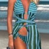 Angel Croshet New Blue Stripe Print Swimsuit with Cover Up 2024