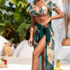 3pcs Tropical Print Knotted Bikini with Sarong